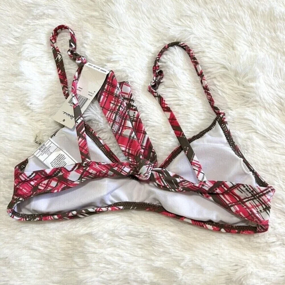 RAISINS Girl's Ruffle Swim Bikini Top Size M Plaid Pink,‎ Brown, White